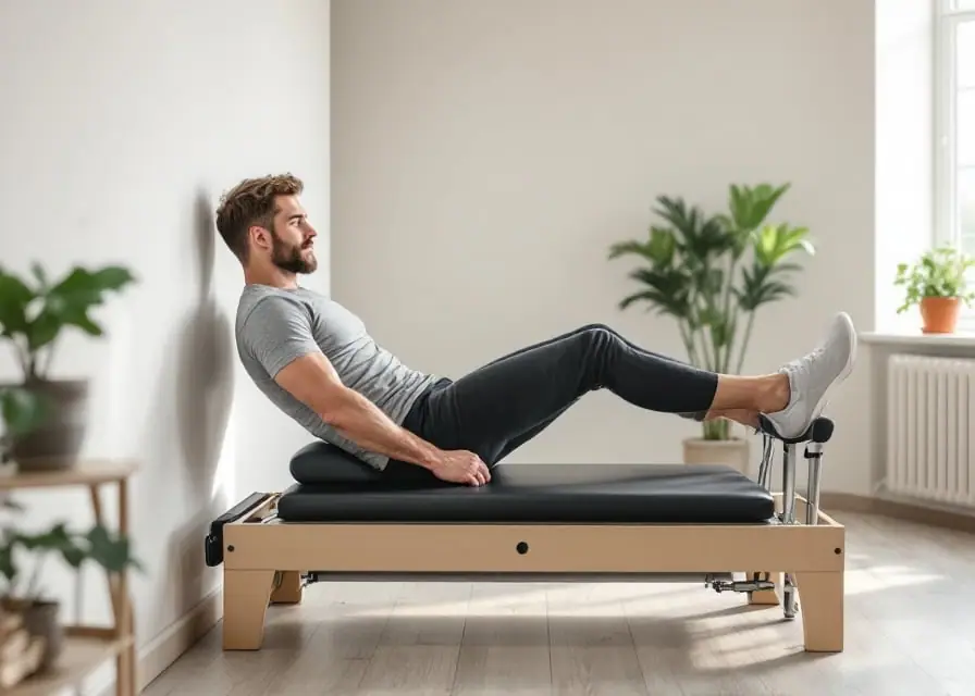 A man working through a side-lying leg series on a Pilates tower