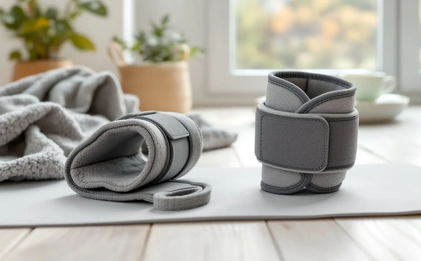 Two padded grey ankle weight cuffs with straps on a pale exercise mat