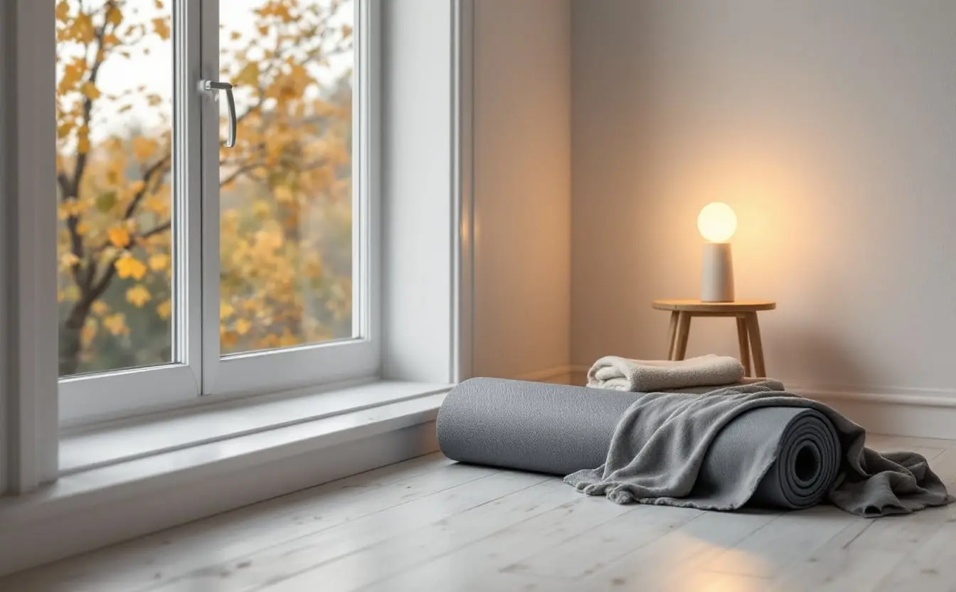 Rolled exercise mat and folded wool blanket by a window at dusk with a lamp lit
