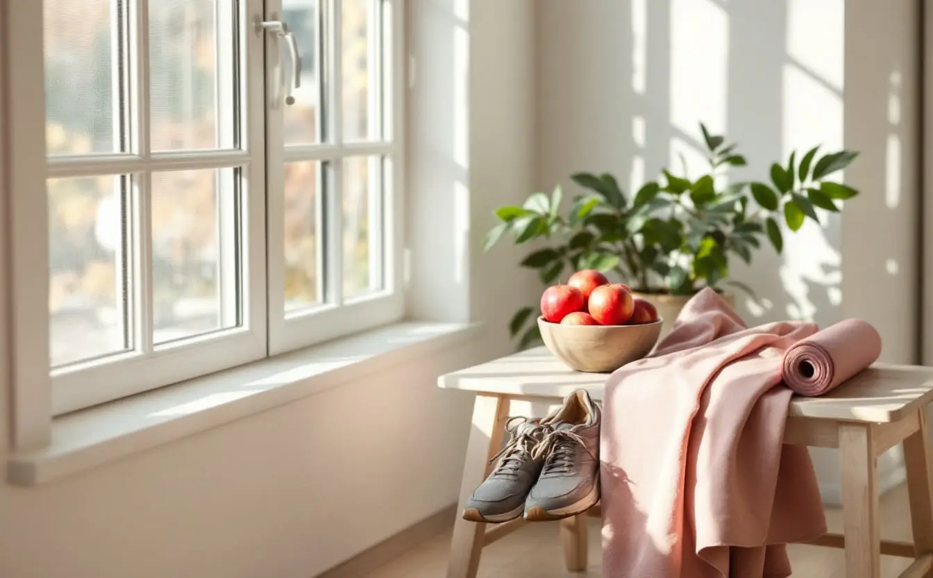 Rolled exercise mat, walking shoes and a bowl of apples on a sunlit wooden bench