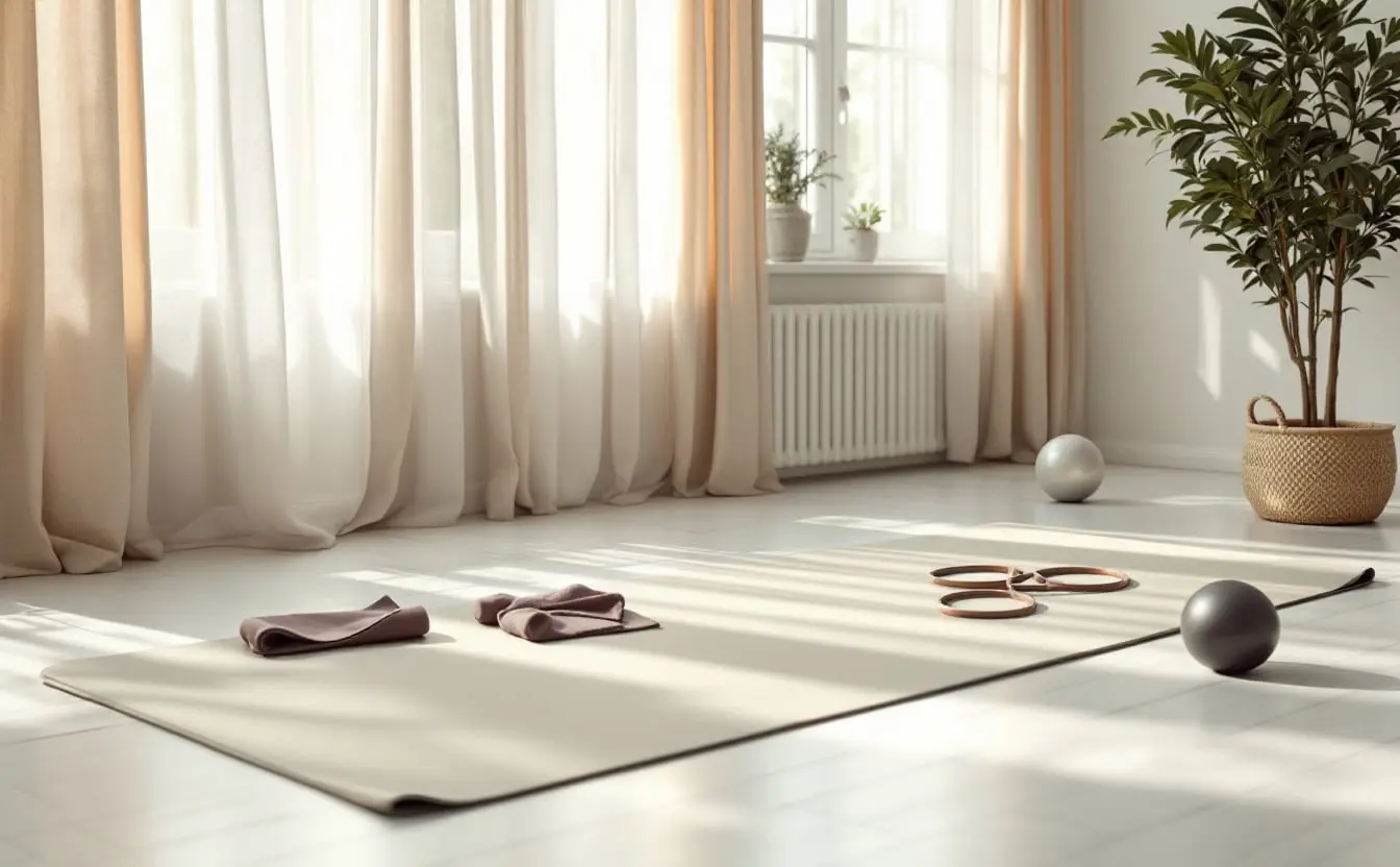 Exercise mat on pale floorboards with a ring, small ball, loop bands and grip socks