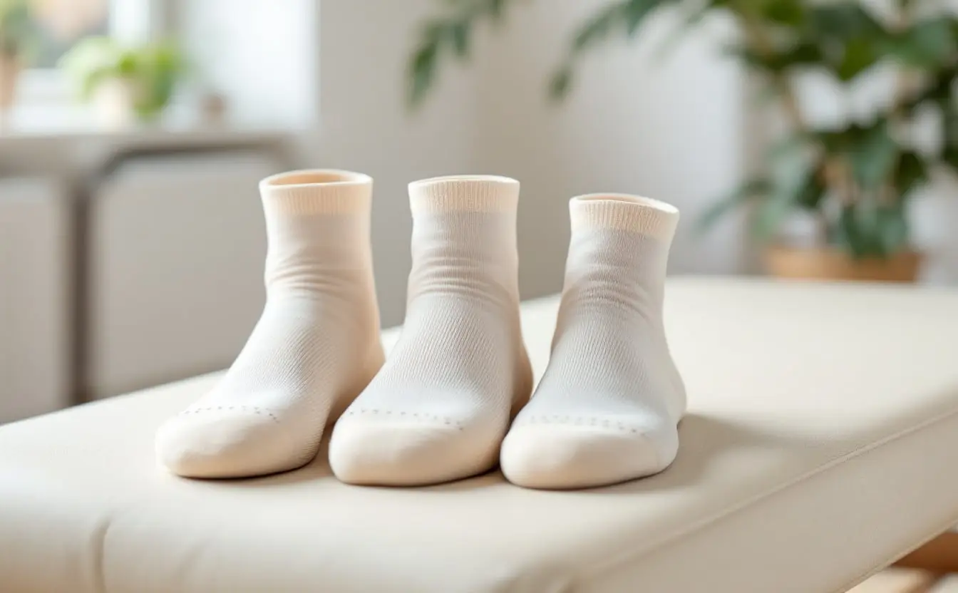 Three pairs of neutral grip socks with dotted soles folded on a reformer platform