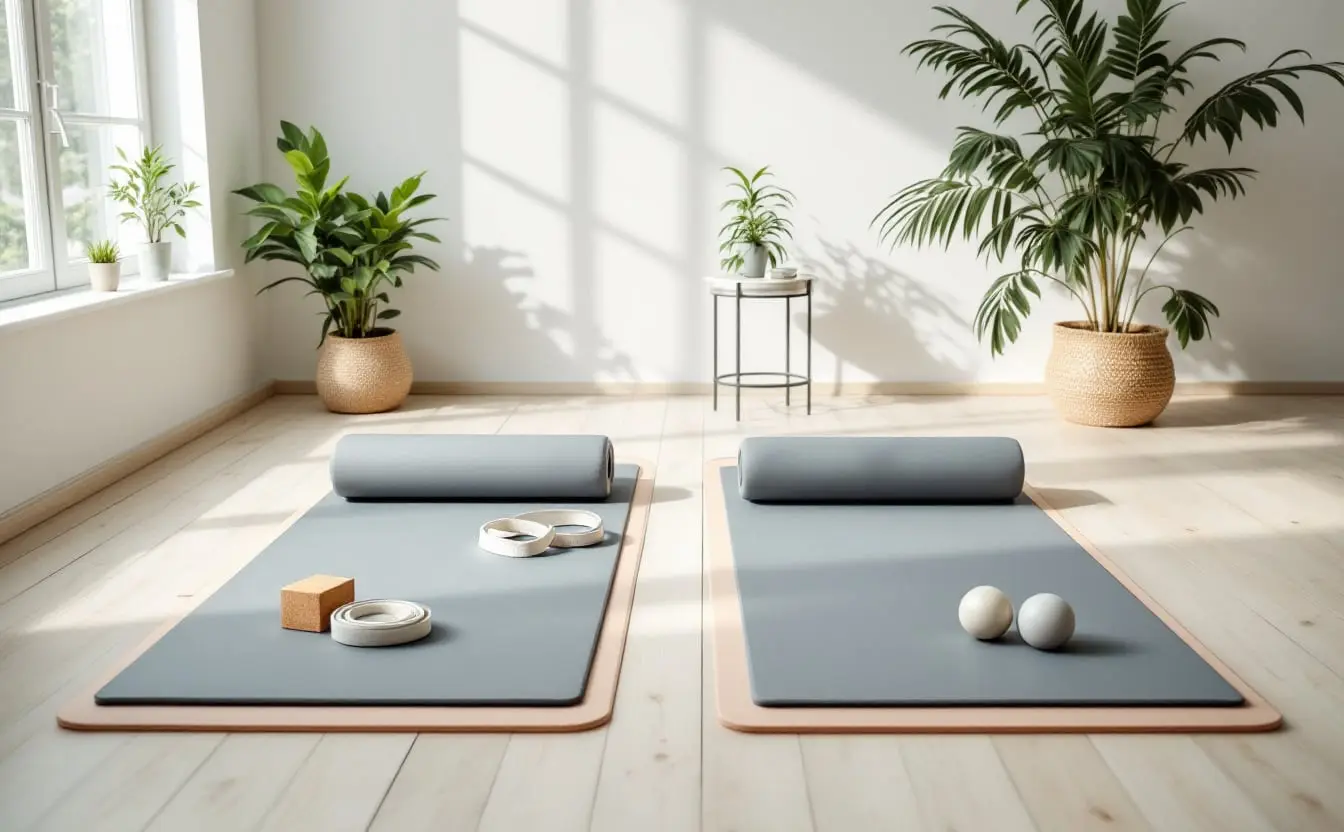 Two mats in a bright studio, one with yoga props and one with Pilates props