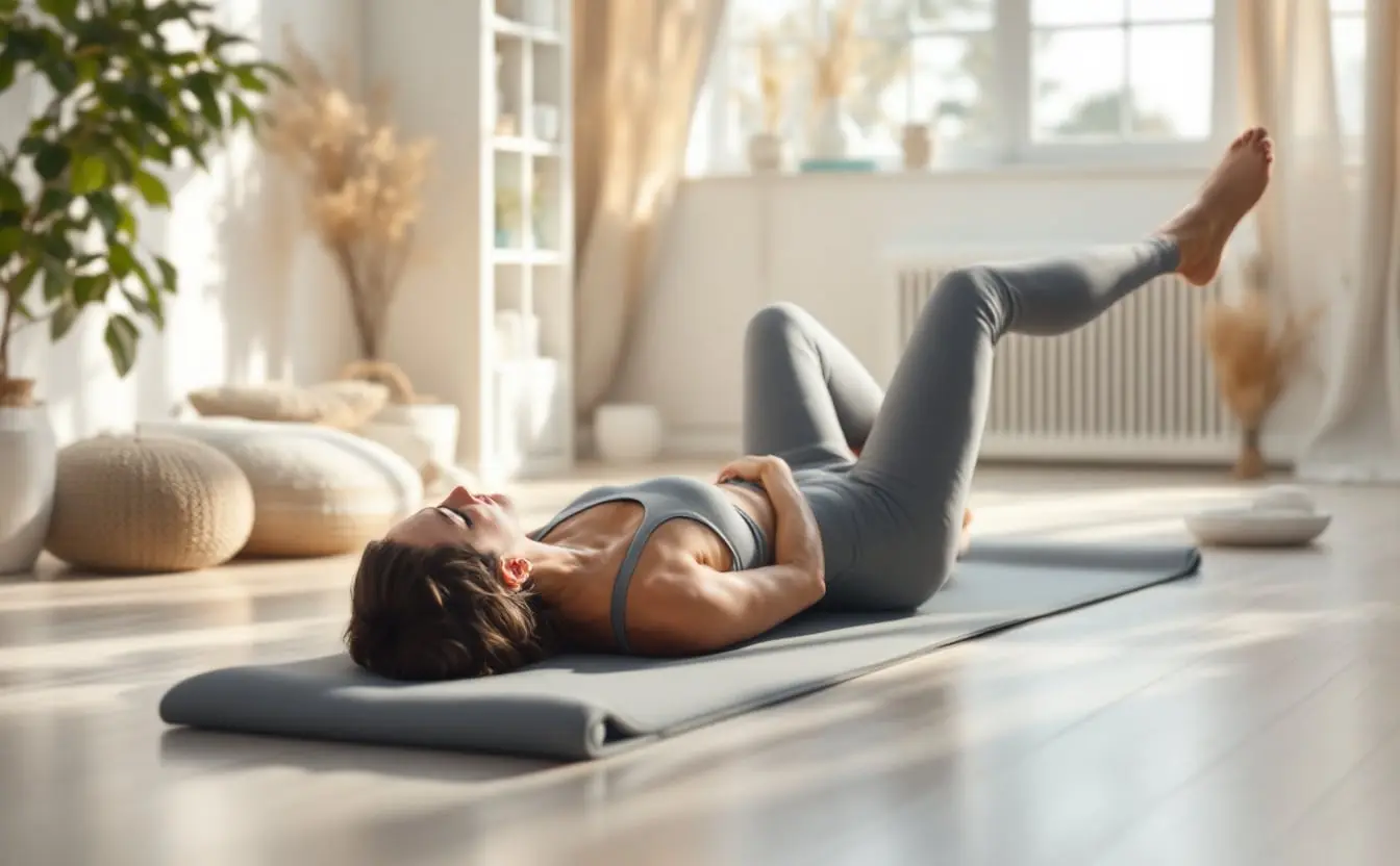 Person on a grey mat in an airy studio, head curled up and legs raised