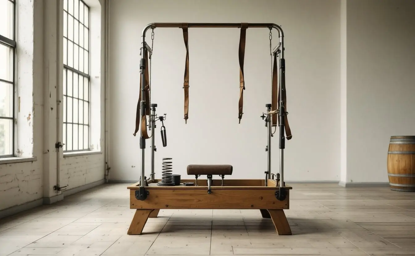 Vintage wooden exercise apparatus with springs seen from across a high-ceilinged studio with tall windows