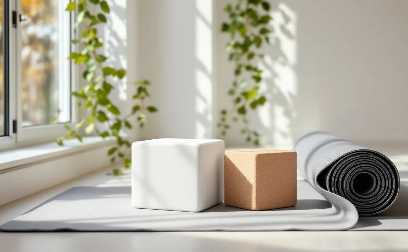 Two plain foam yoga blocks and a cork block beside a rolled grey mat